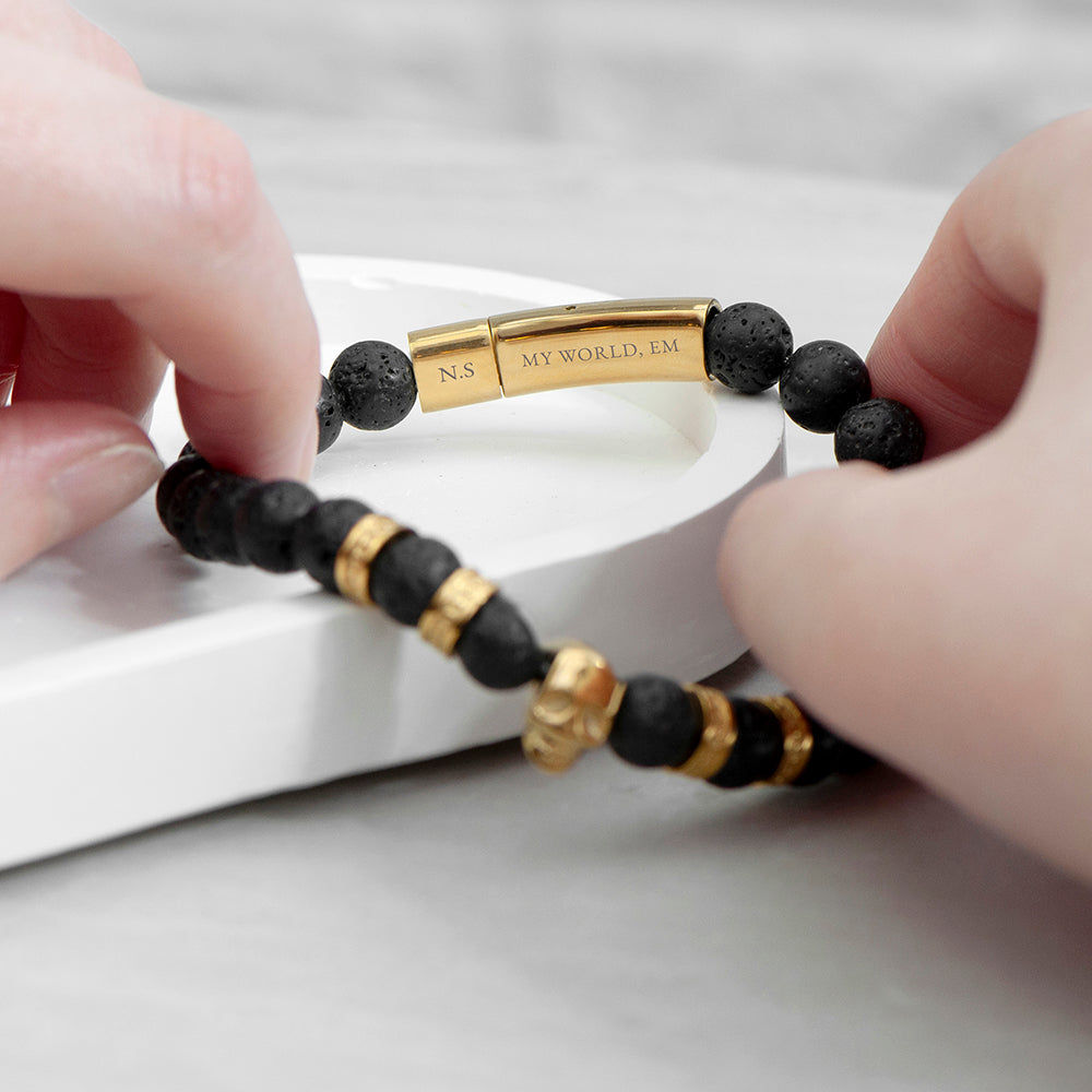 Personalized Men's Lava Stone Beaded Skull Bracelet  Men's Bracelets Deeply Engraved