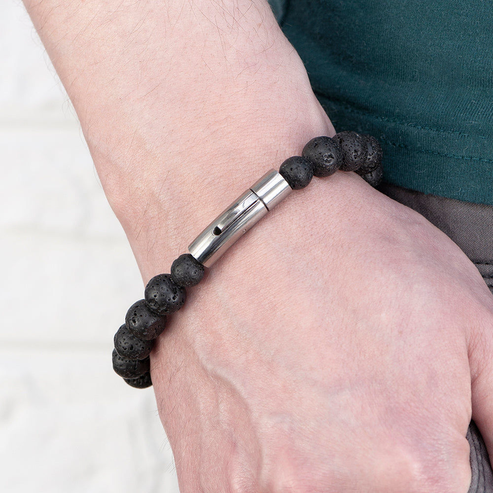 Personalized Men's Lava Stone Beaded Skull Bracelet  Men's Bracelets Deeply Engraved