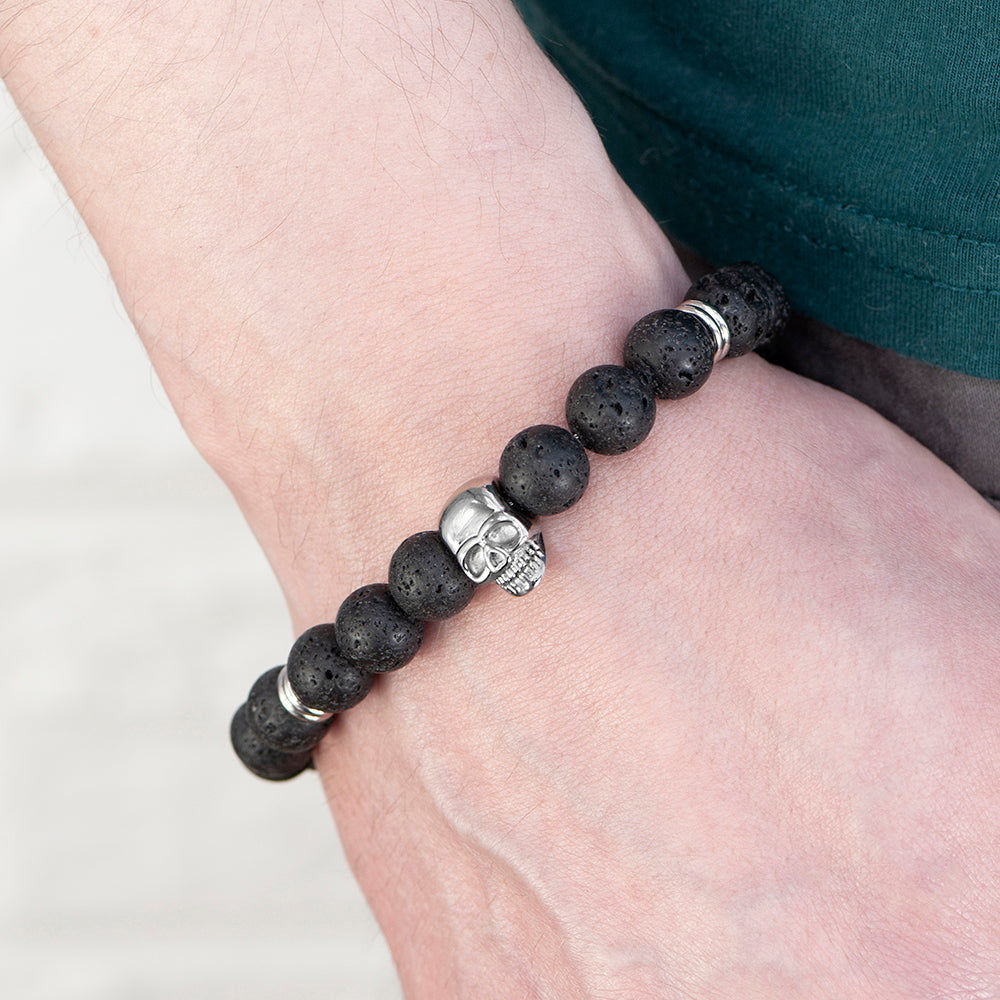 Personalized Men's Lava Stone Beaded Skull Bracelet  Men's Bracelets Deeply Engraved