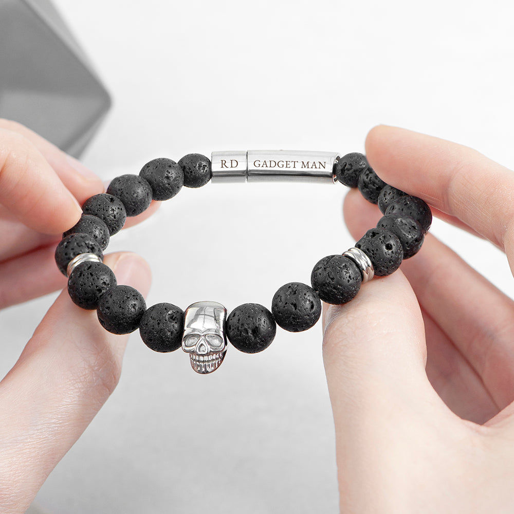 Personalized Men's Lava Stone Beaded Skull Bracelet  Men's Bracelets Deeply Engraved