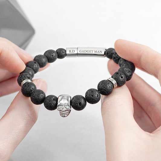Personalized Men's Lava Stone Beaded Skull Bracelet  Men's Bracelets Deeply Engraved