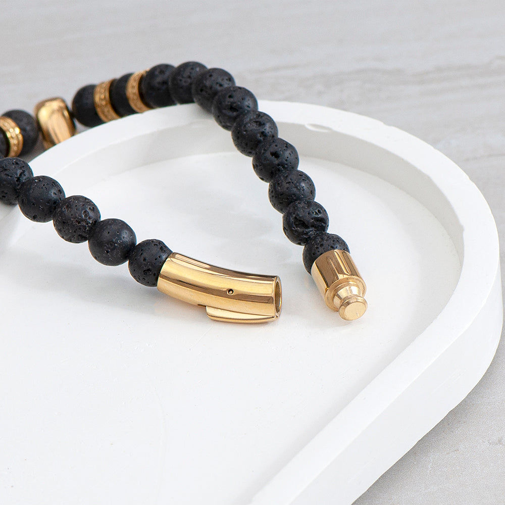 Personalized Men's Lava Stone Beaded Skull Bracelet  Men's Bracelets Deeply Engraved