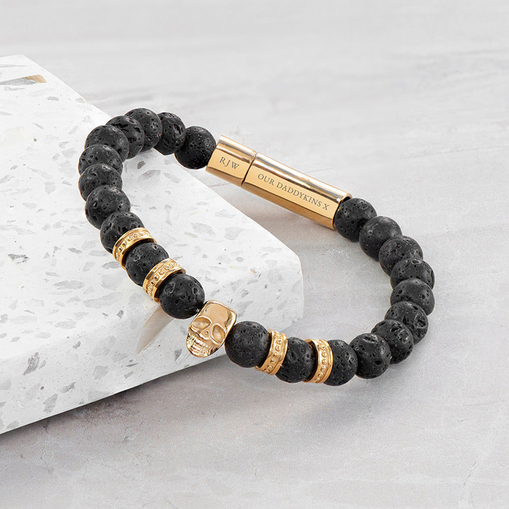 Personalized Men's Lava Stone Beaded Skull Bracelet  Men's Bracelets Deeply Engraved