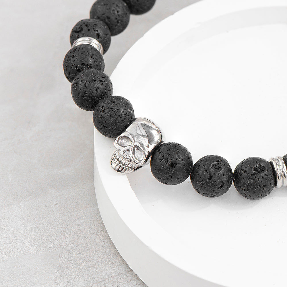 Personalized Men's Lava Stone Beaded Skull Bracelet  Men's Bracelets Deeply Engraved