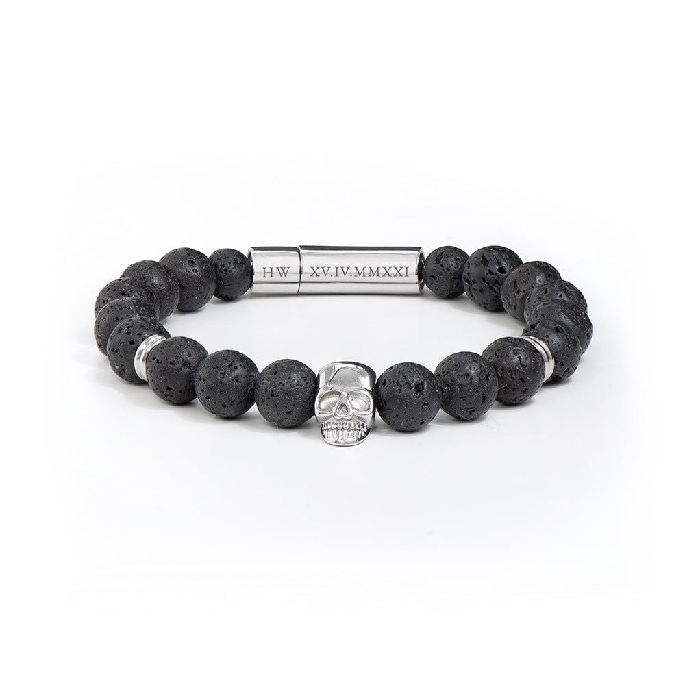 Personalized Men's Lava Stone Beaded Skull Bracelet  Men's Bracelets Deeply Engraved