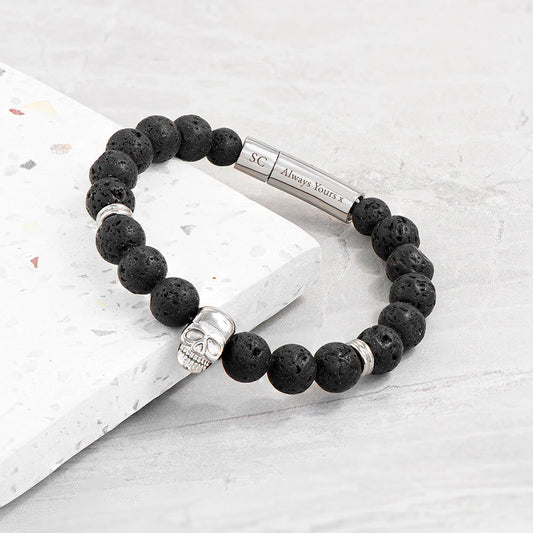 Personalized Men's Lava Stone Beaded Skull Bracelet  Men's Bracelets Deeply Engraved