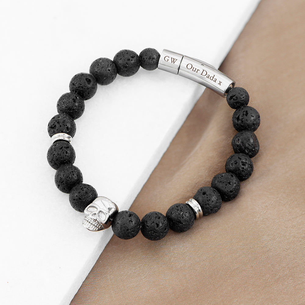 Personalized Men's Lava Stone Beaded Skull Bracelet  Men's Bracelets Deeply Engraved