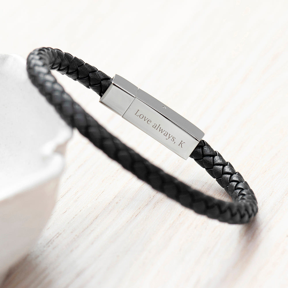 Personalized Men's Leather Cord Bracelet with Tube Clasp  Men's Bracelets Deeply Engraved