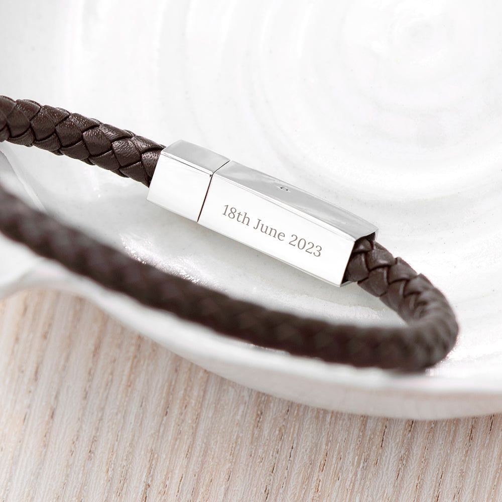 Personalized Men's Leather Cord Bracelet with Tube Clasp  Men's Bracelets Deeply Engraved