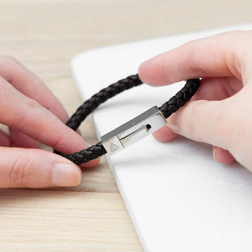 Personalized Men's Leather Cord Bracelet with Tube Clasp  Men's Bracelets Deeply Engraved