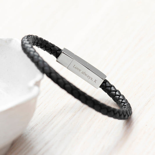 Personalized Men's Leather Cord Bracelet with Tube Clasp  Men's Bracelets Deeply Engraved