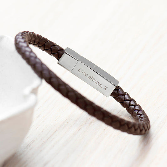 Personalized Men's Leather Cord Bracelet with Tube Clasp  Men's Bracelets Deeply Engraved