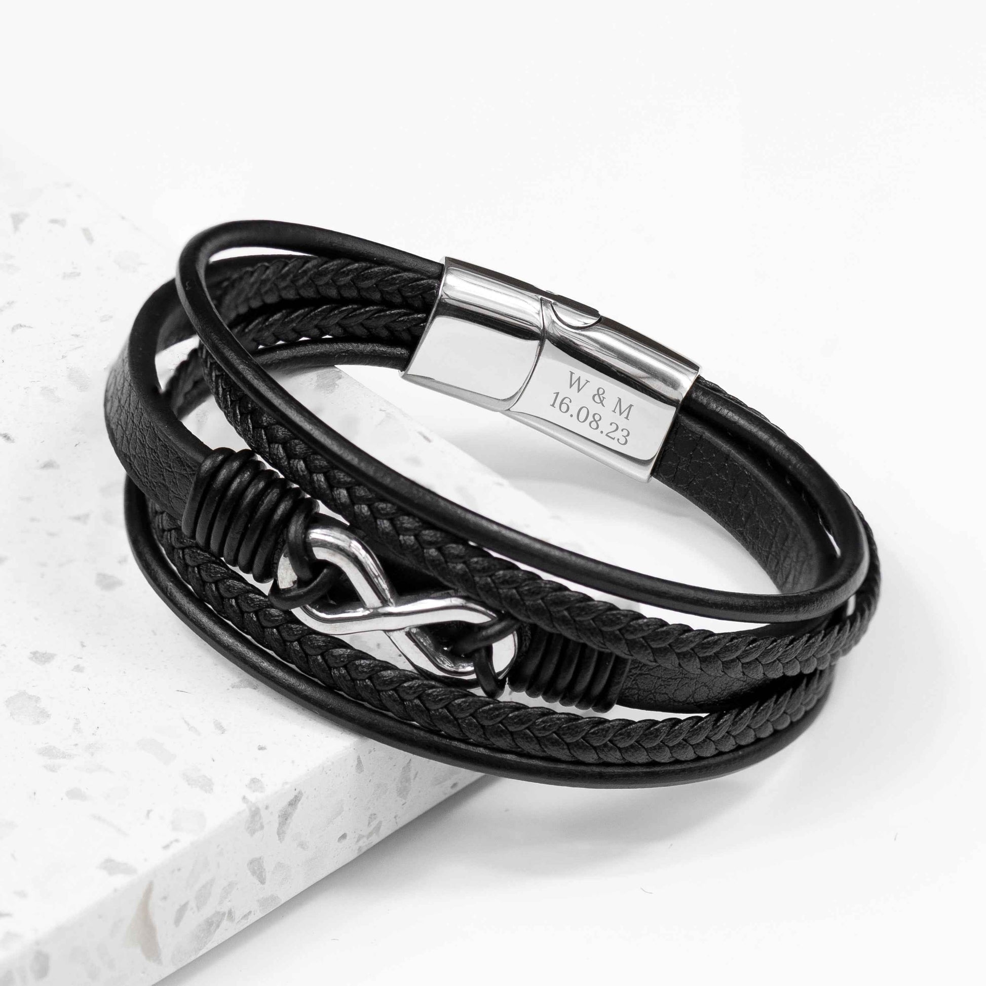 Personalized Men's Silver Infinity Black Leather Stacked Bracelet  Men's Bracelets Deeply Engraved