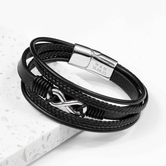 Personalized Men's Silver Infinity Black Leather Stacked Bracelet  Men's Bracelets Deeply Engraved