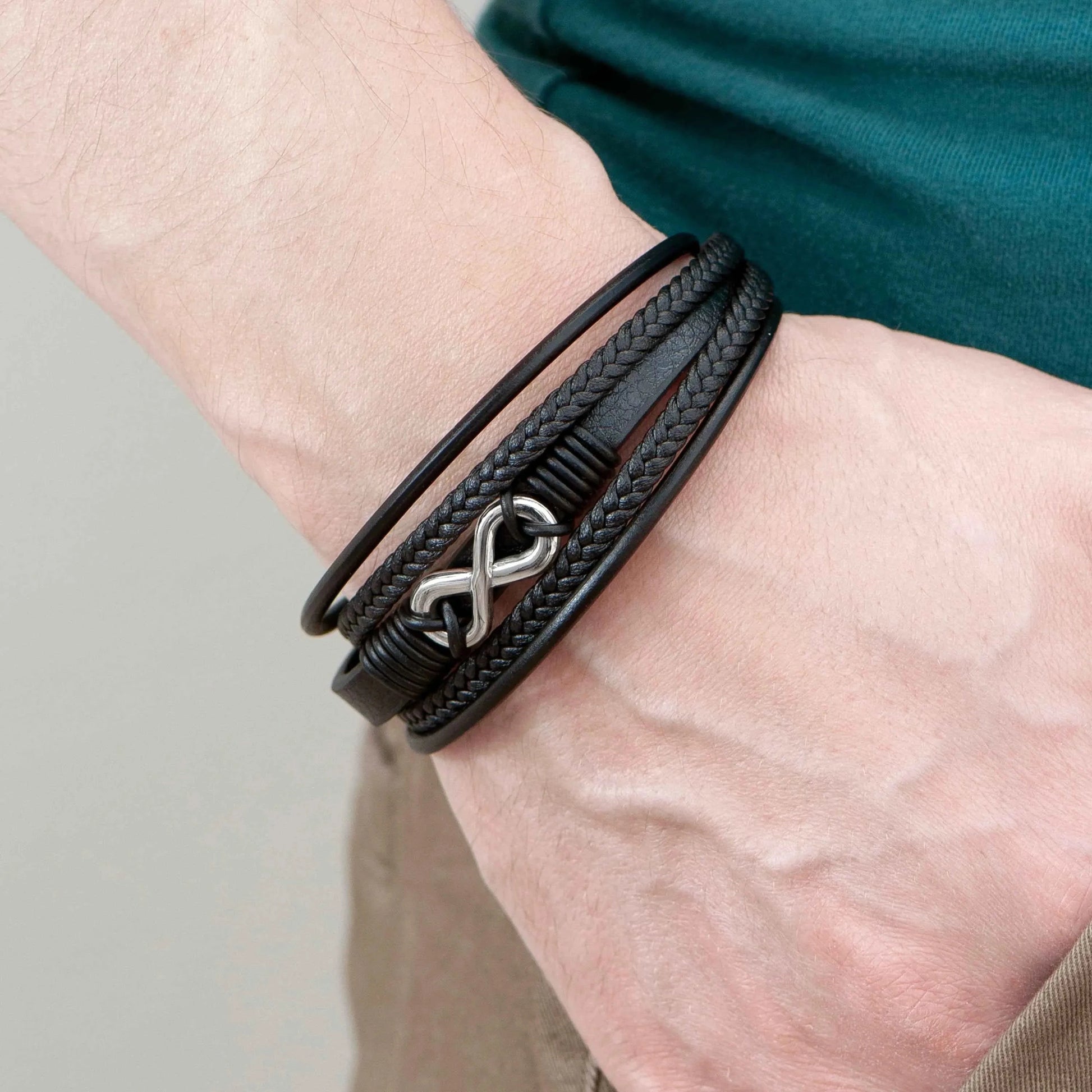 Personalized Men's Silver Infinity Black Leather Stacked Bracelet  Men's Bracelets Deeply Engraved
