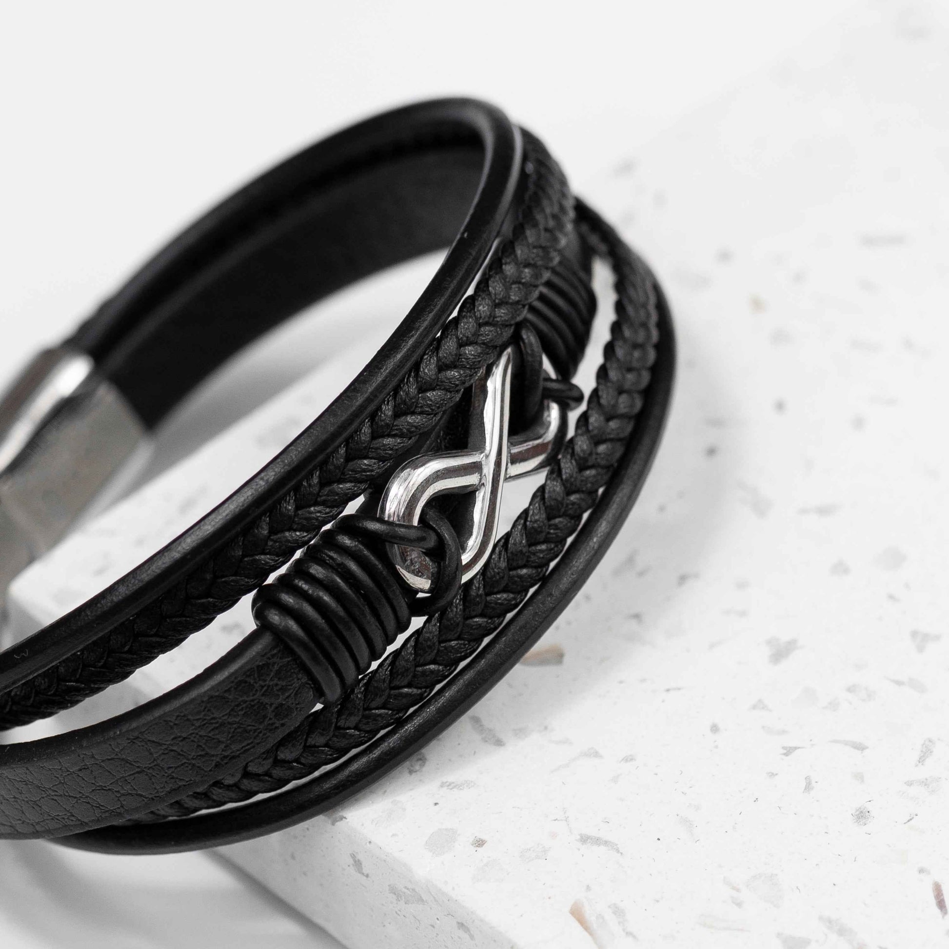 Personalized Men's Silver Infinity Black Leather Stacked Bracelet  Men's Bracelets Deeply Engraved