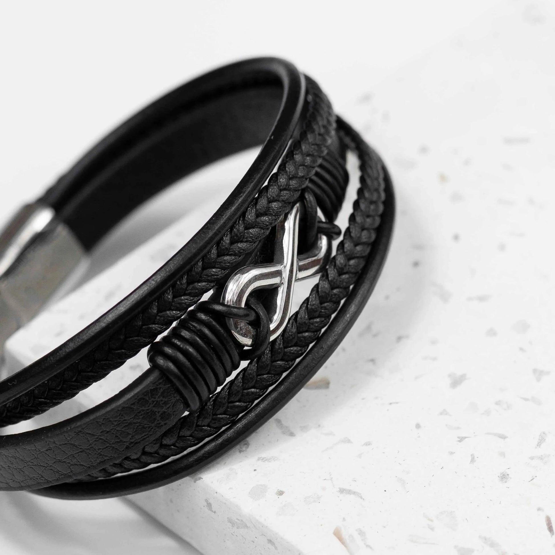 Personalized Men's Silver Infinity Black Leather Stacked Bracelet  Men's Bracelets Deeply Engraved