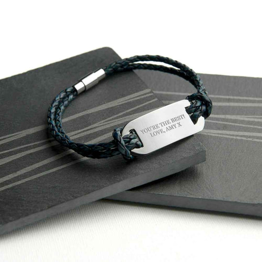 Personalized Men's Statement Leather Bracelet In Navy  Men's Bracelets Deeply Engraved