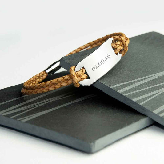 Personalized Men's Statement Leather Bracelet in Standstone  Men's Bracelets Deeply Engraved