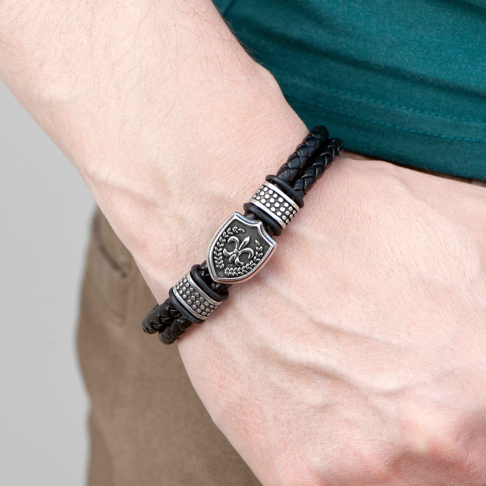 Personalized Men's Warrior Shield Leather Bracelet  Men's Bracelets Deeply Engraved
