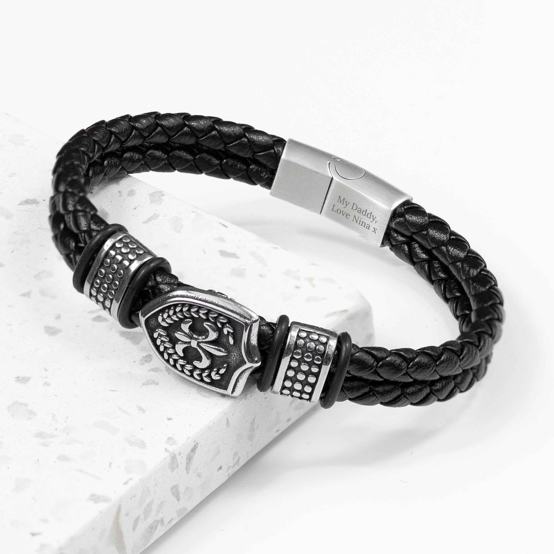 Personalized Men's Warrior Shield Leather Bracelet  Men's Bracelets Deeply Engraved