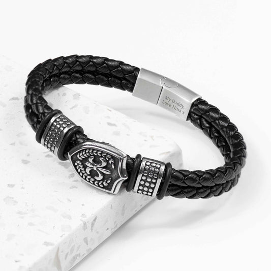 Personalized Men's Warrior Shield Leather Bracelet  Men's Bracelets Deeply Engraved