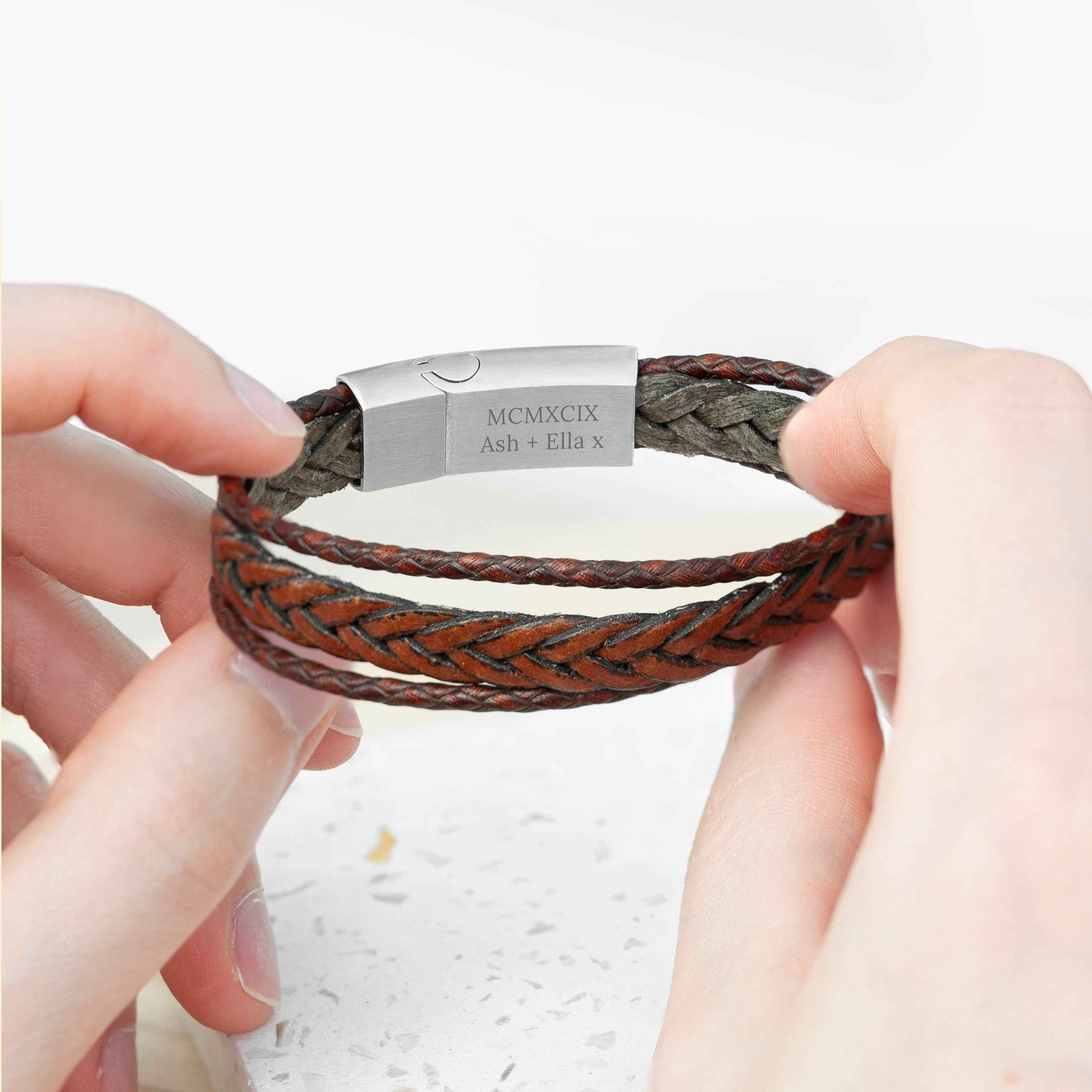 Personalized Men's Woven Layered Brown Leather Bracelet  Men's Bracelets Deeply Engraved