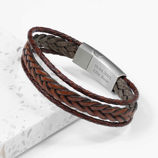 Personalized Men's Woven Layered Brown Leather Bracelet  Men's Bracelets Deeply Engraved