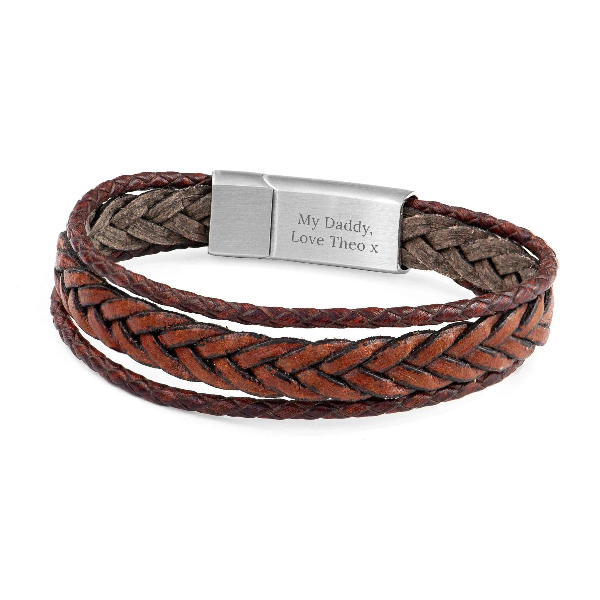 Personalized Men's Woven Layered Brown Leather Bracelet  Men's Bracelets Deeply Engraved