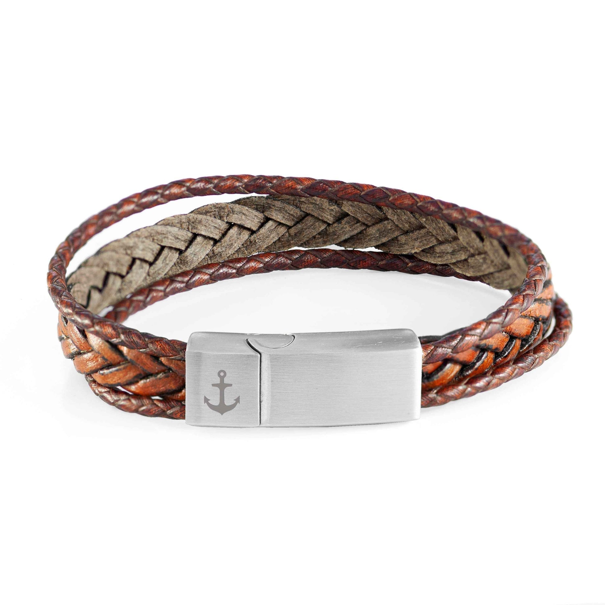 Personalized Men's Woven Layered Brown Leather Bracelet  Men's Bracelets Deeply Engraved