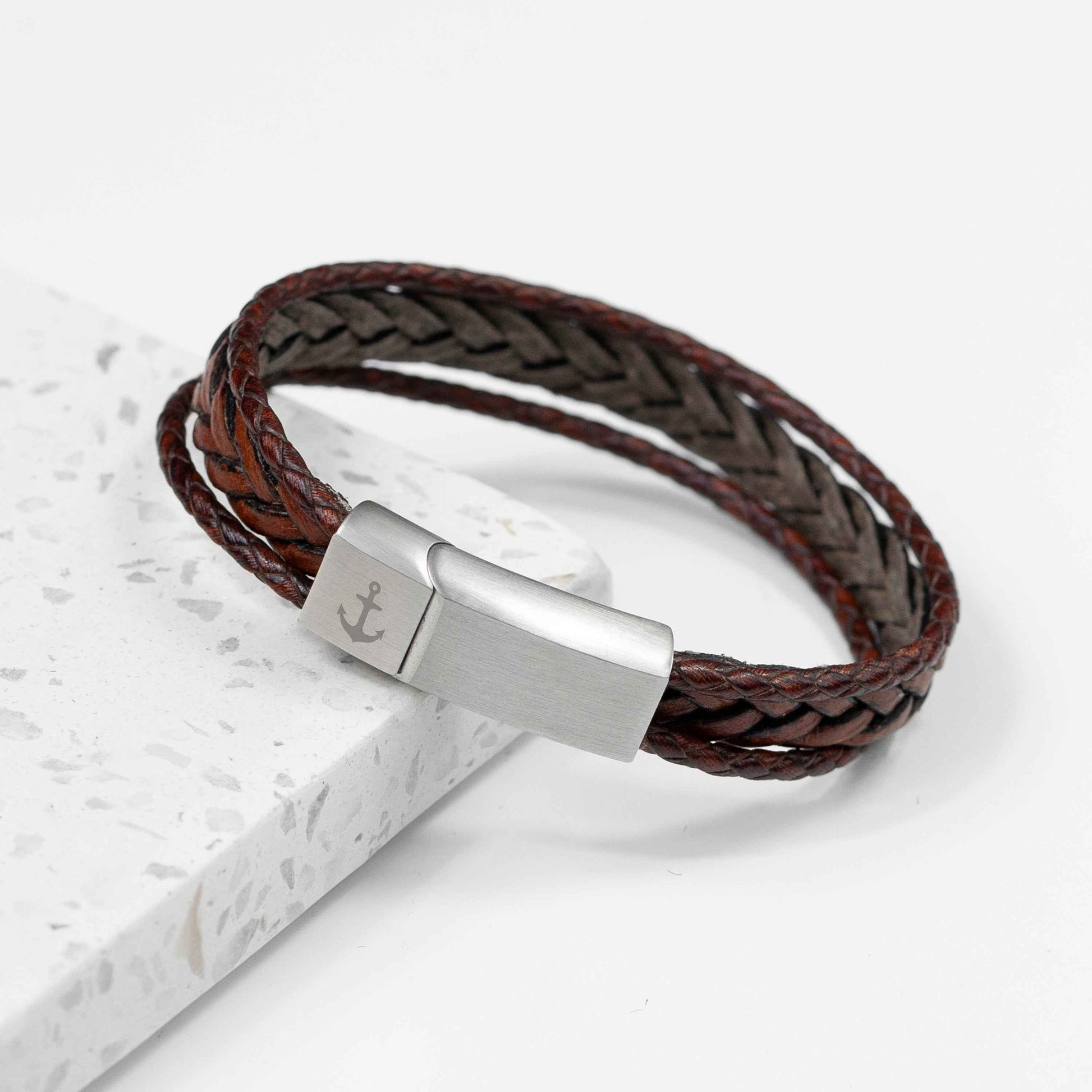 Personalized Men's Woven Layered Brown Leather Bracelet  Men's Bracelets Deeply Engraved
