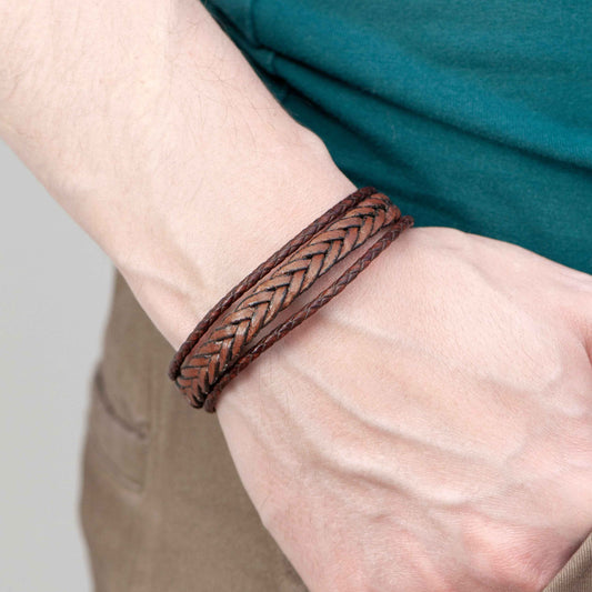 Personalized Men's Woven Layered Brown Leather Bracelet  Men's Bracelets Deeply Engraved