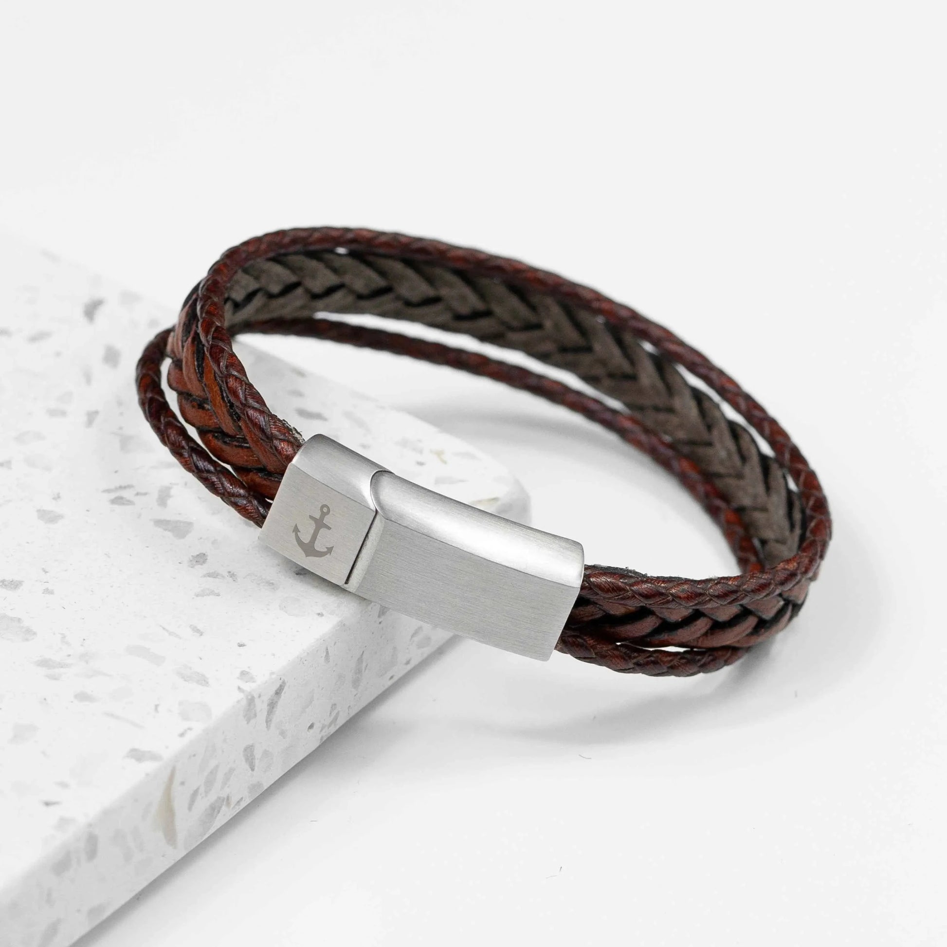 Personalized Men's Woven Layered Brown Leather Bracelet  Men's Bracelets Deeply Engraved