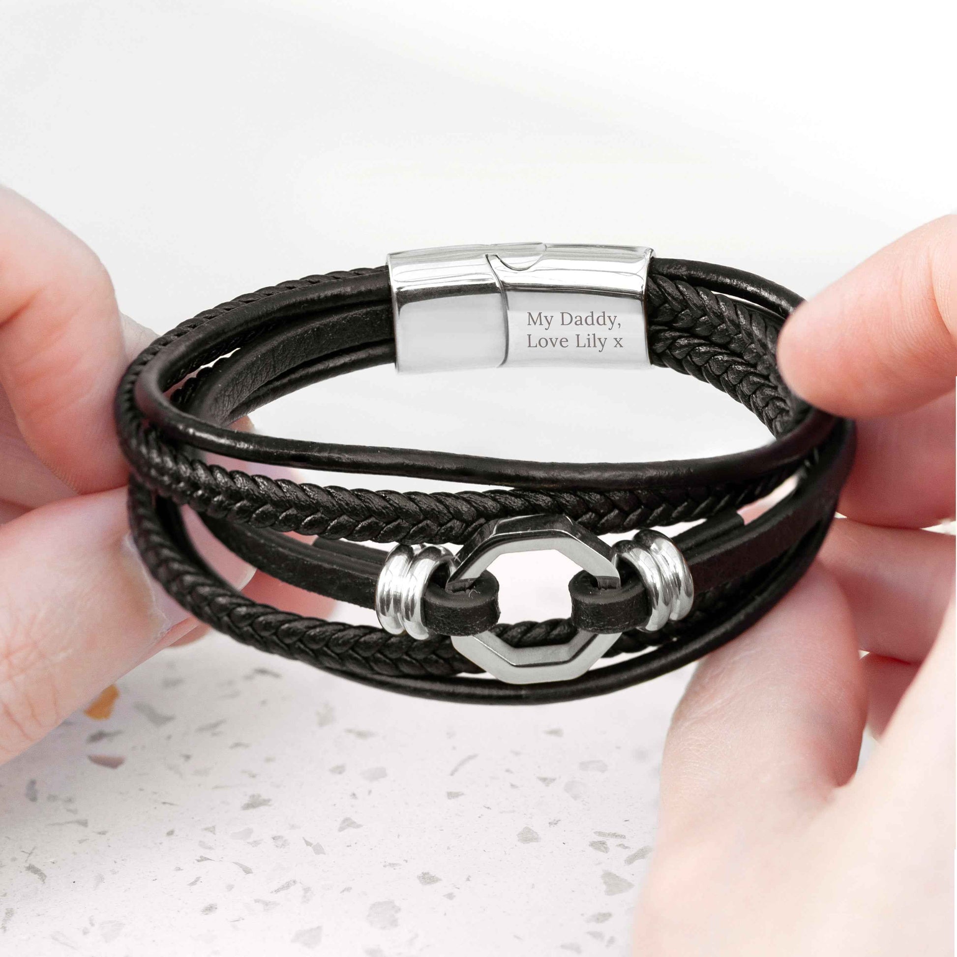Personalized Men's Mayfair Leather Bracelet in Silver by Treat Republic, showcasing luxury and style, ideal for gifts for ...