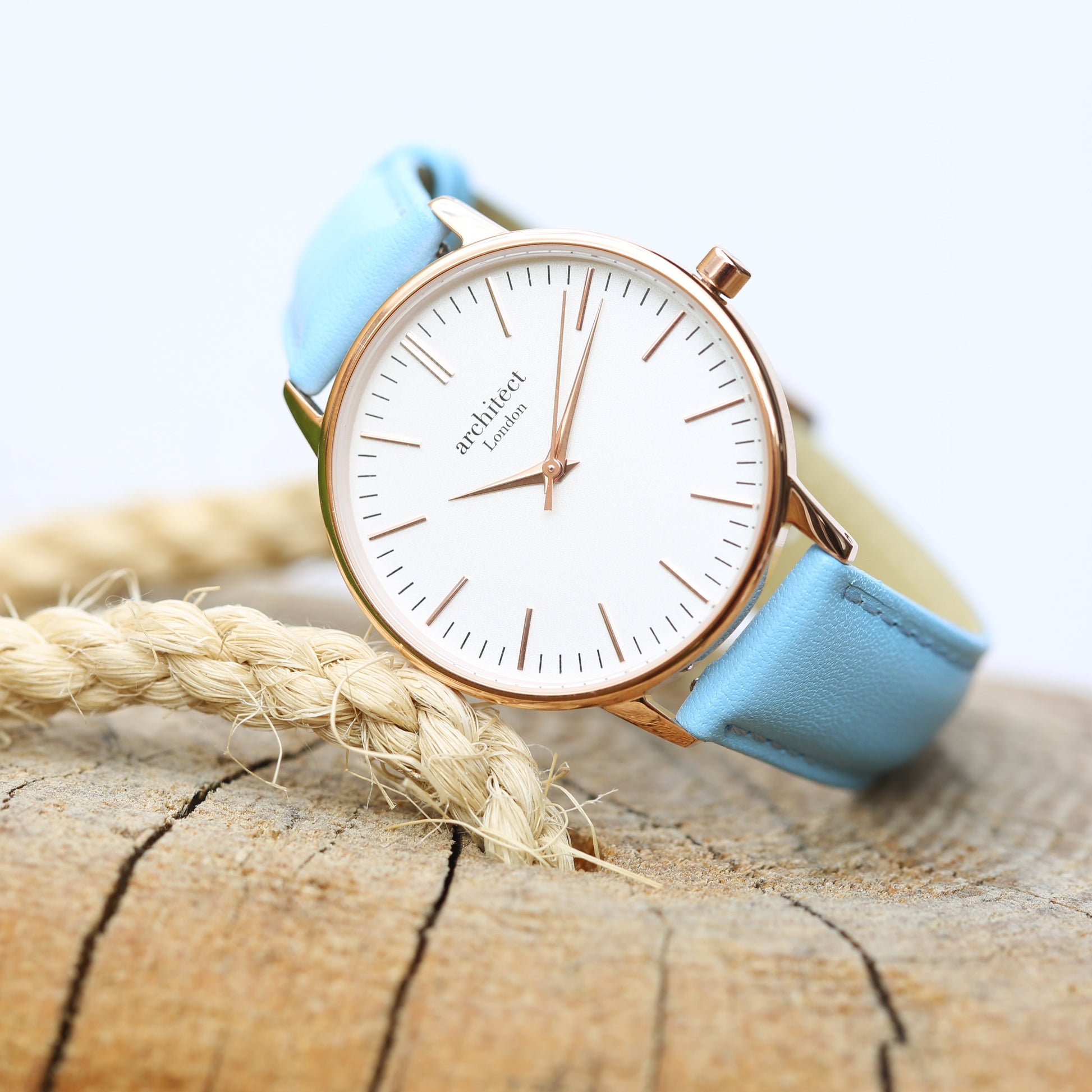 Personalized Minimalist Ladies Watch – Light Blue Strap  Ladies' Watches Deeply Engraved