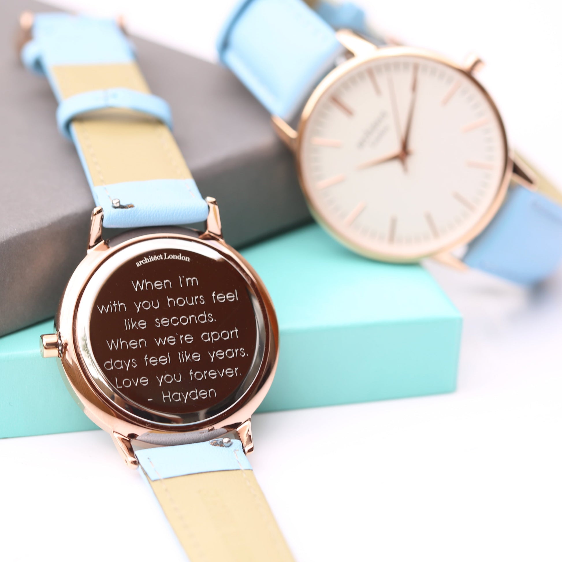 Personalized Minimalist Ladies Watch – Light Blue Strap  Ladies' Watches Deeply Engraved