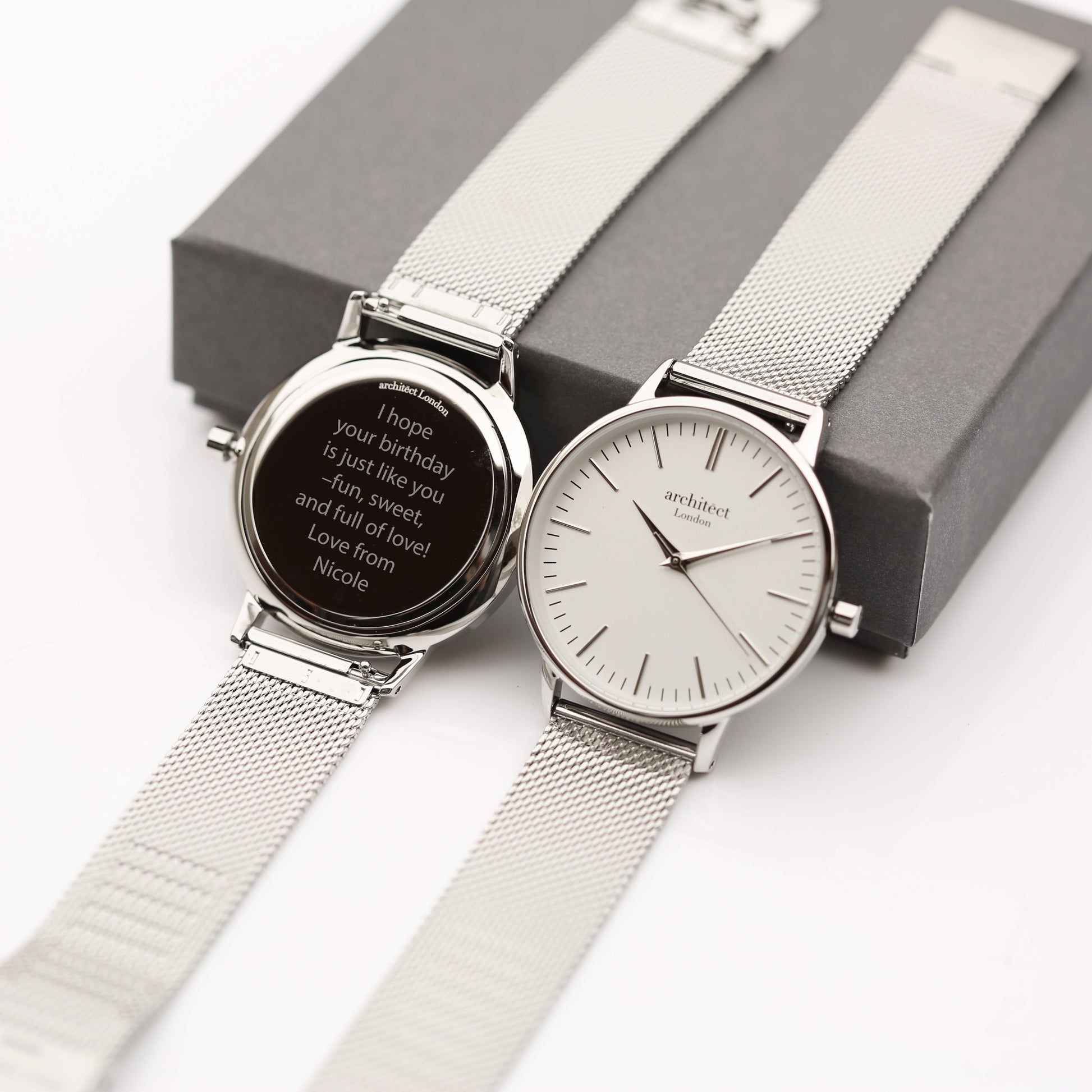 Personalized Minimalist Ladies Watch – Silver Mesh Strap  Ladies' Watches Deeply Engraved
