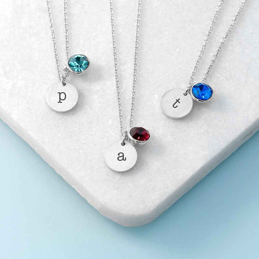 Personalized Monogram Silver Birthstone Crystal and Disc Necklace  Necklaces Deeply Engraved