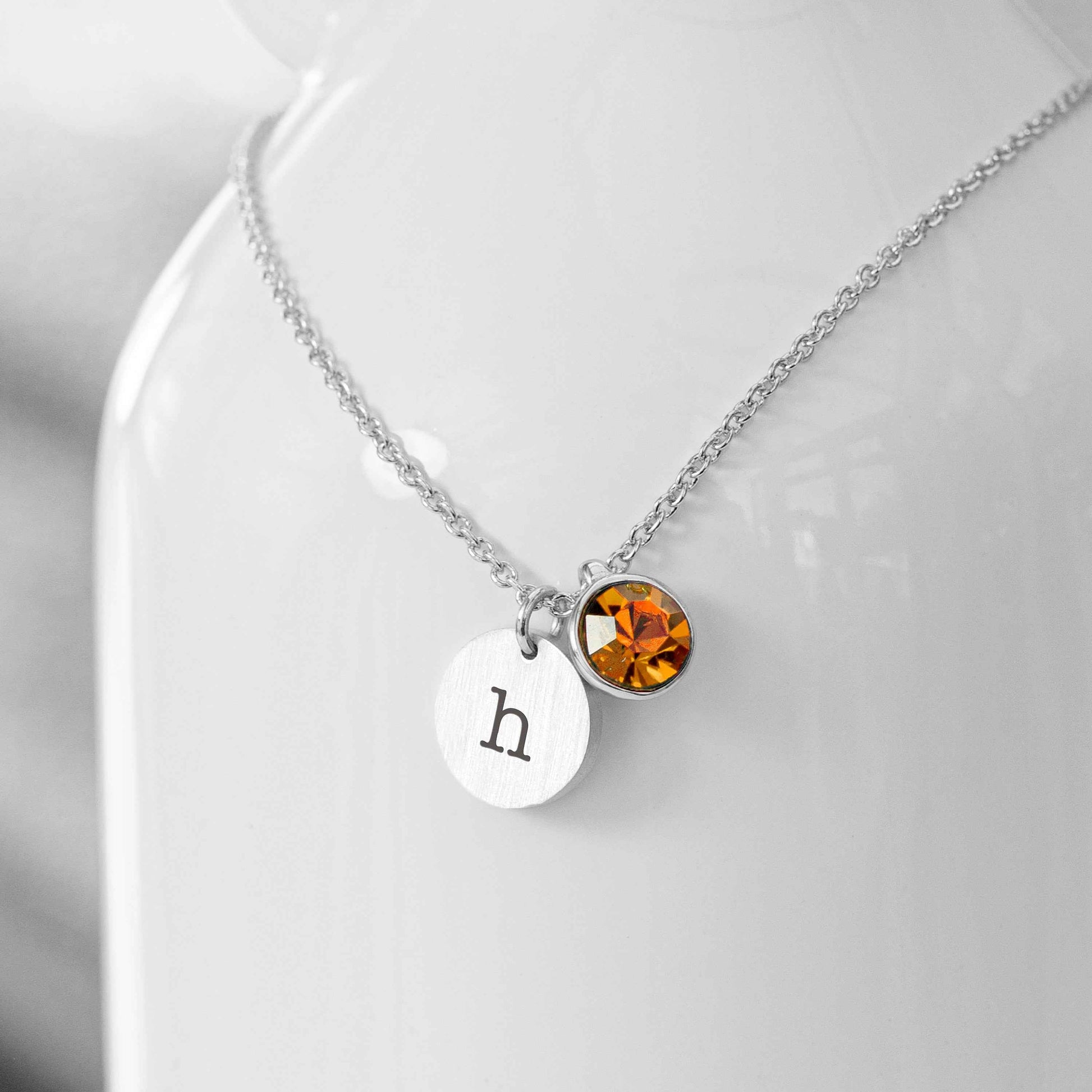 Personalized Monogram Silver Birthstone Crystal and Disc Necklace  Necklaces Deeply Engraved