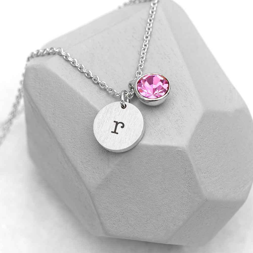Personalized Monogram Silver Birthstone Crystal and Disc Necklace  Necklaces Deeply Engraved