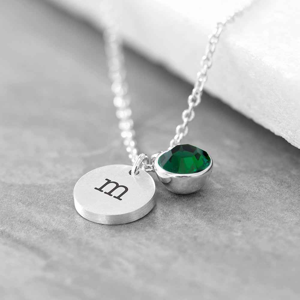 Personalized Monogram Silver Birthstone Crystal and Disc Necklace  Necklaces Deeply Engraved