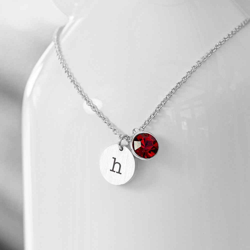 Personalized Monogram Silver Birthstone Crystal and Disc Necklace  Necklaces Deeply Engraved