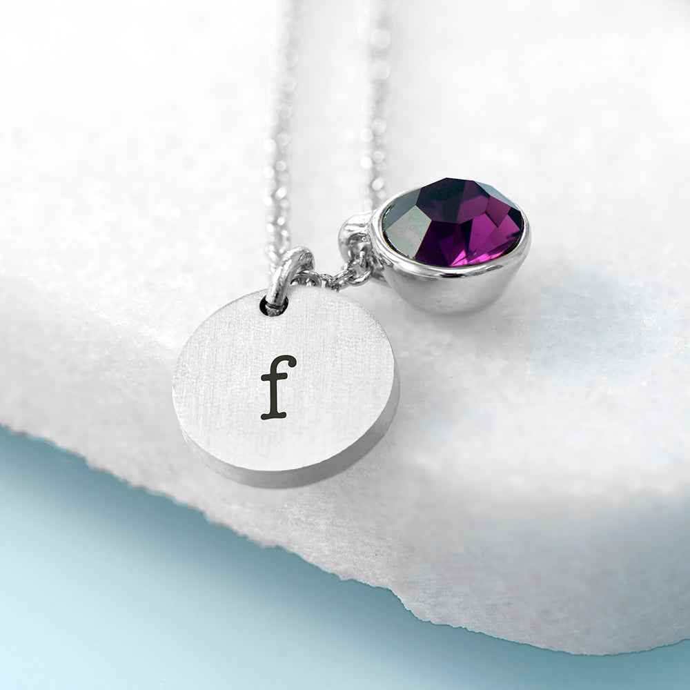 Personalized Monogram Silver Birthstone Crystal and Disc Necklace  Necklaces Deeply Engraved