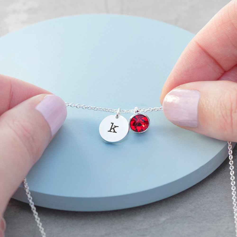Personalized Monogram Silver Birthstone Crystal and Disc Necklace  Necklaces Deeply Engraved
