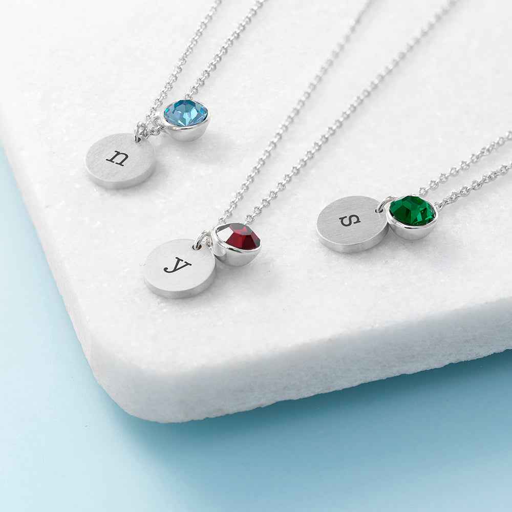 Personalized Monogram Silver Birthstone Crystal and Disc Necklace  Necklaces Deeply Engraved