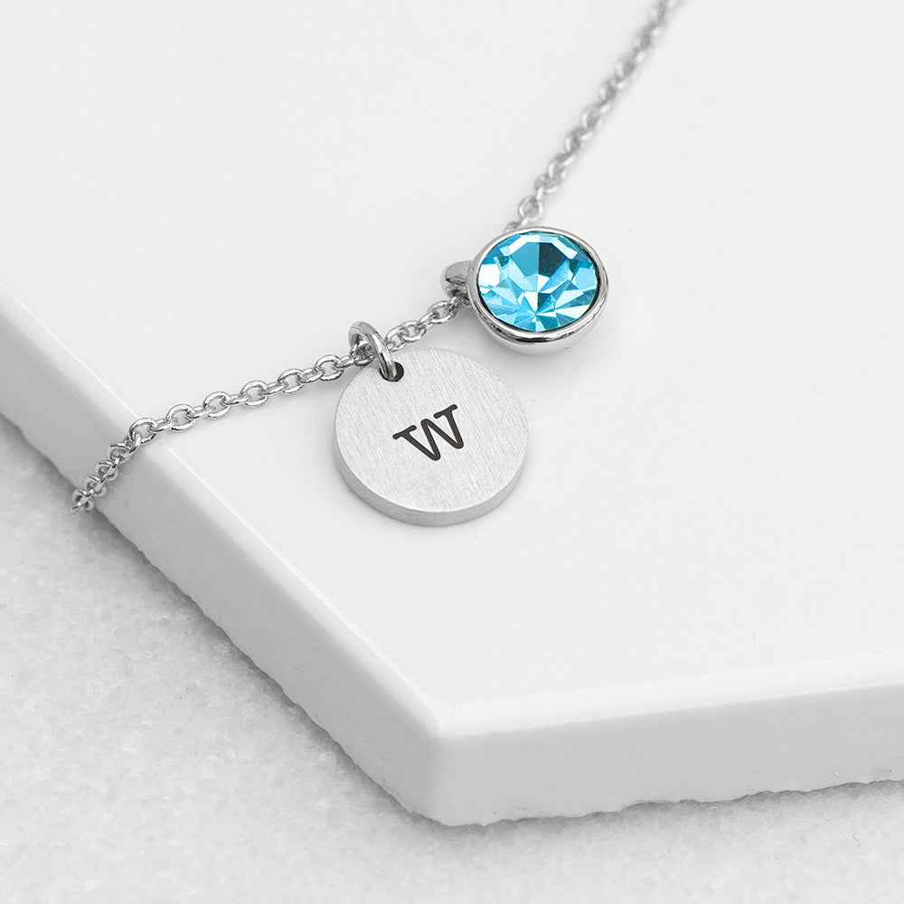 Personalized Monogram Silver Birthstone Crystal and Disc Necklace  Necklaces Deeply Engraved