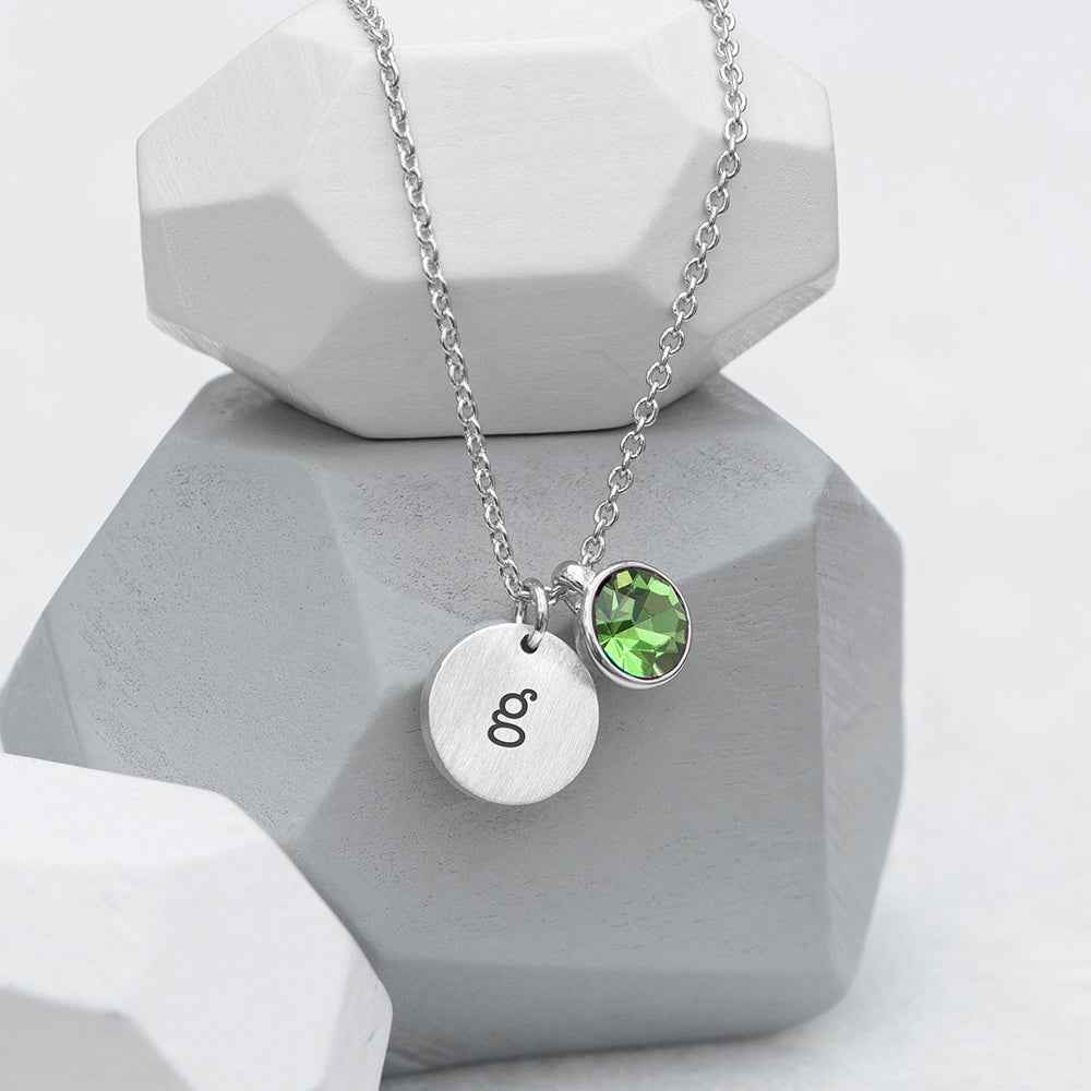 Personalized Monogram Silver Birthstone Crystal and Disc Necklace  Necklaces Deeply Engraved