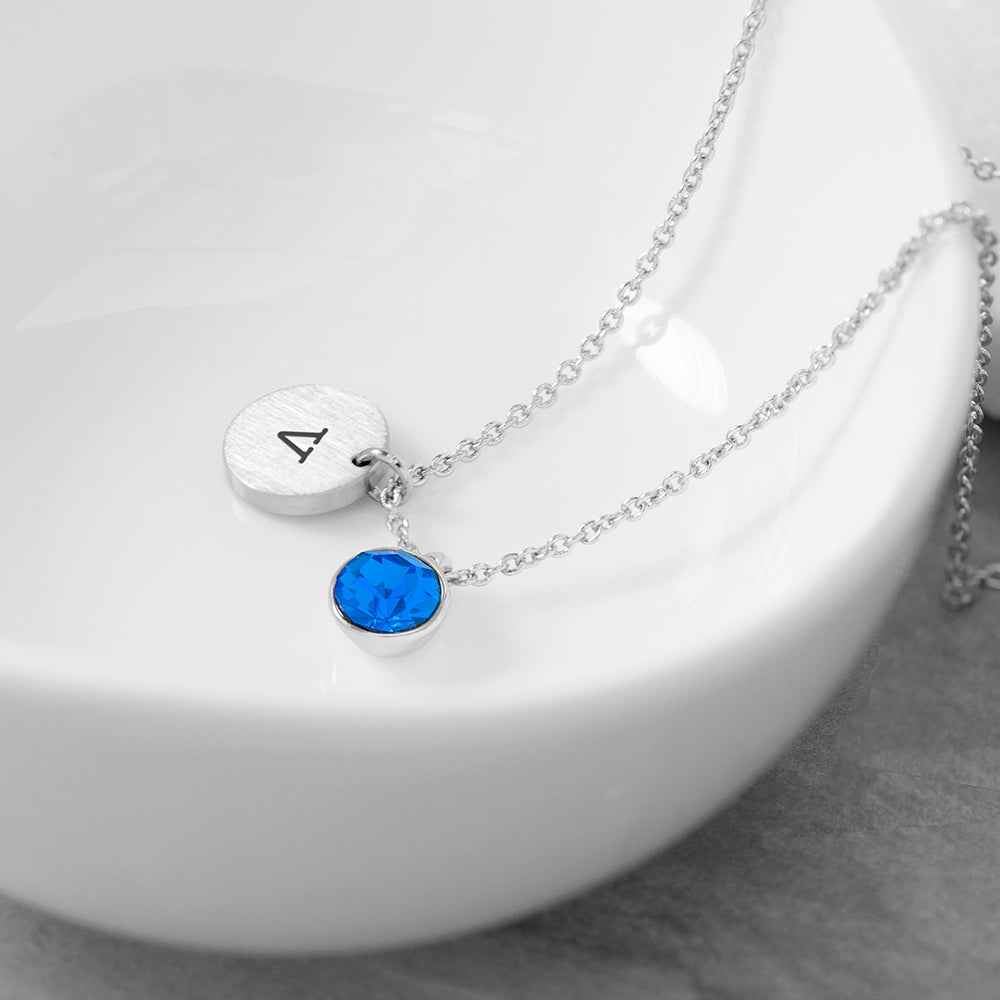 Personalized Monogram Silver Birthstone Crystal and Disc Necklace  Necklaces Deeply Engraved