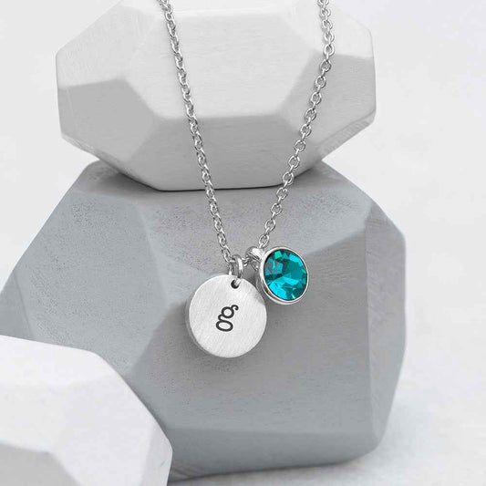 Personalized Monogram Silver Birthstone Crystal and Disc Necklace  Necklaces Deeply Engraved
