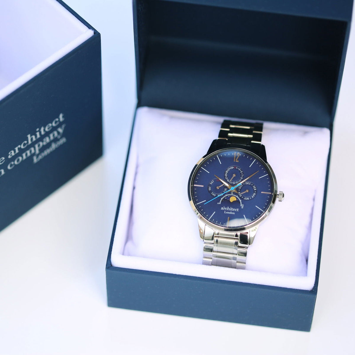 Personalized Moonphase Calender-Watch (Blue Dial)  Men's Watches Deeply Engraved